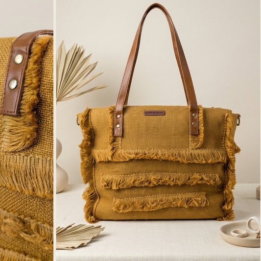 Mustard Gold Jute Fringe Tote Bag – Handwoven Boho Shoulder Bag with Leather Handles | Sustainable Everyday Tote