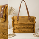 Mustard Gold Jute Fringe Tote Bag – Handwoven Boho Shoulder Bag with Leather Handles | Sustainable Everyday Tote