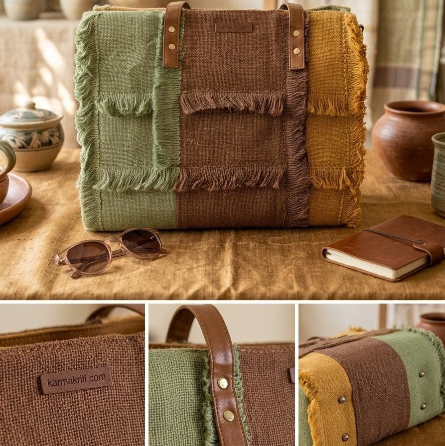 Sage Green & Mustard Jute Colorblock Tote Bag – Handwoven Fringe Bag with Leather Handles | Boho Statement Tote