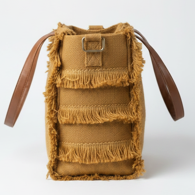 Mustard Gold Jute Fringe Tote Bag – Handwoven Boho Shoulder Bag with Leather Handles | Sustainable Everyday Tote