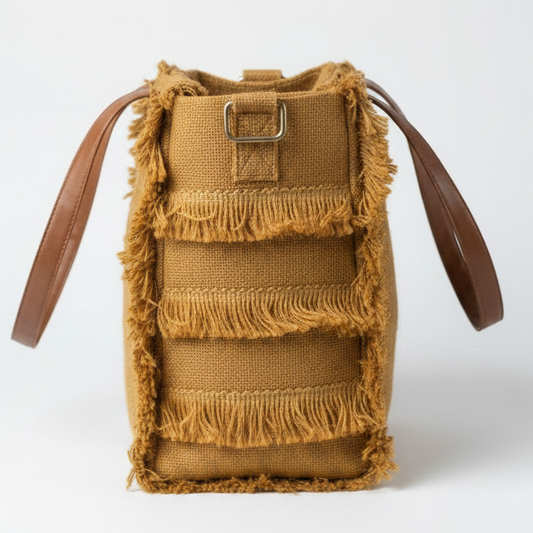 Mustard Gold Jute Fringe Tote Bag – Handwoven Boho Shoulder Bag with Leather Handles | Sustainable Everyday Tote