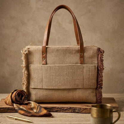 Boho Fringe Jute Tote Bag – Handwoven Natural Jute Shoulder Bag with Leather Handles | Eco-Friendly Beach & Everyday Tote