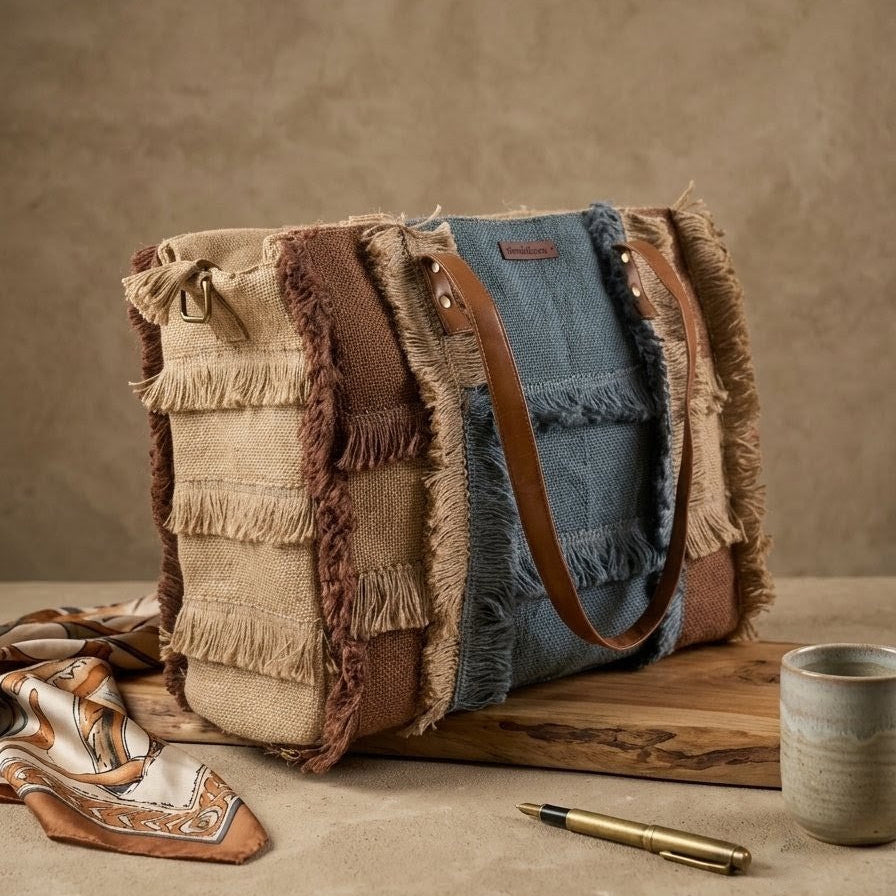 Boho Fringe Jute Tote Bag – Handwoven Natural Jute Shoulder Bag with Leather Handles | Eco-Friendly Beach & Everyday Tote