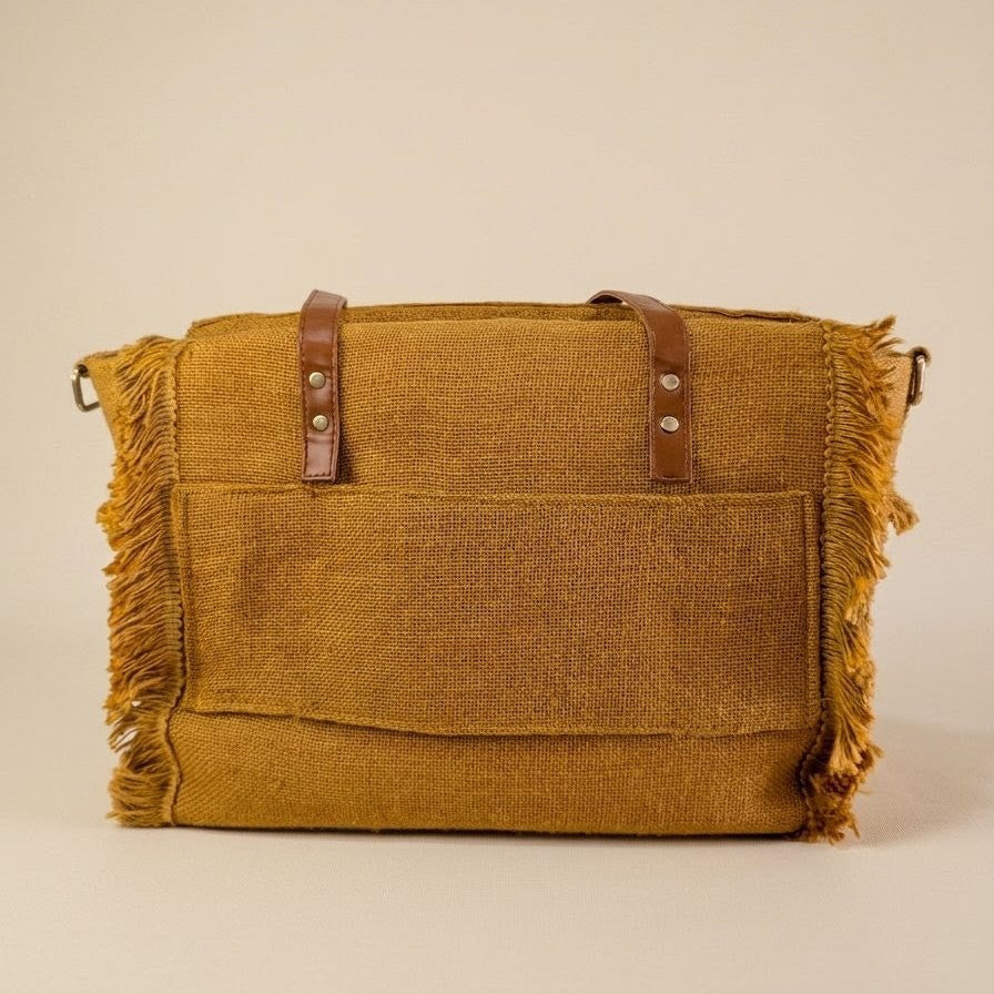 Mustard Gold Jute Fringe Tote Bag – Handwoven Boho Shoulder Bag with Leather Handles | Sustainable Everyday Tote