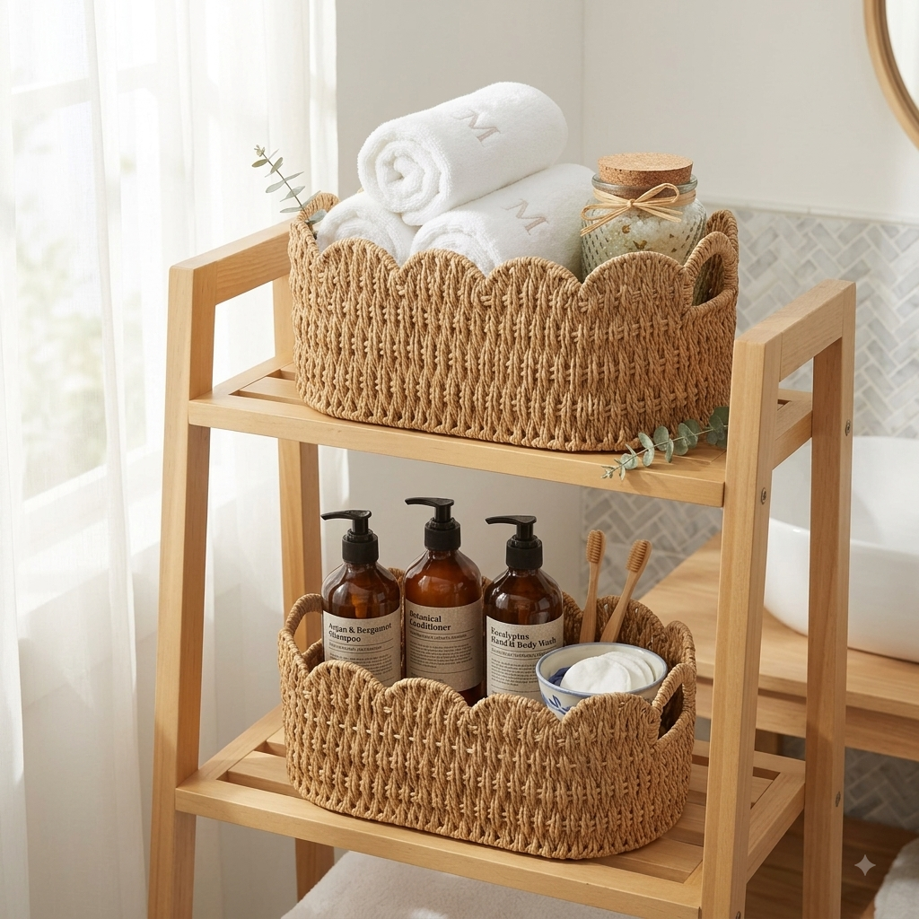 Scalloped Wicker Storage Baskets – Set of 2 Woven Storage Baskets with Handles
