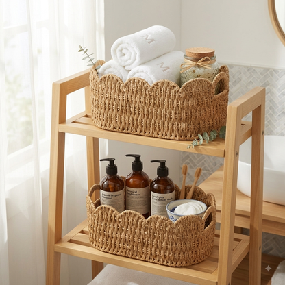 Scalloped Wicker Storage Baskets – Set of 2 Woven Storage Baskets with Handles
