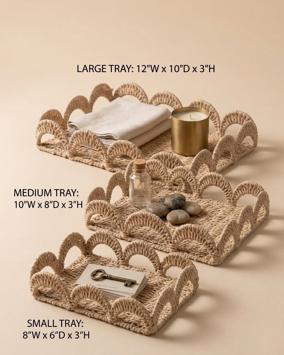 Woven Scalloped Storage Tray – Handwoven Paper Rope Decorative Basket (Set of 3)