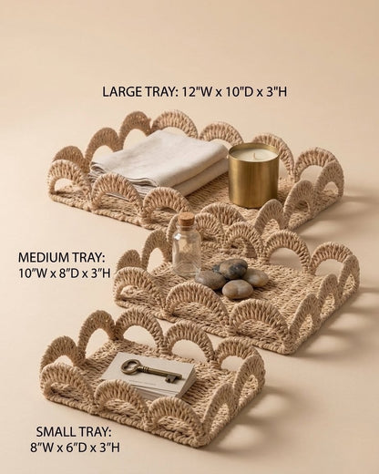 Woven Scalloped Storage Tray – Handwoven Paper Rope Decorative Basket (Set of 3)