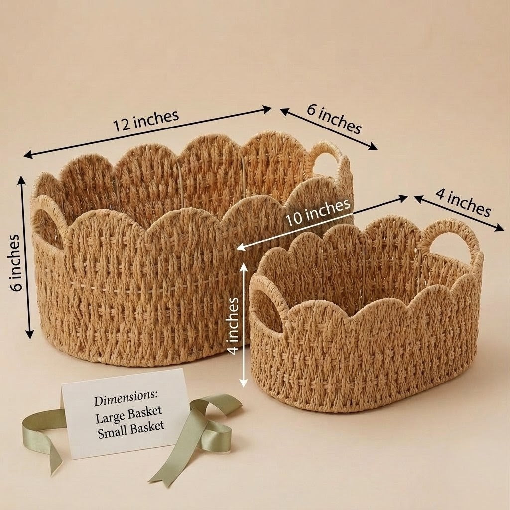 Scalloped Wicker Storage Baskets – Set of 2 Woven Storage Baskets with Handles