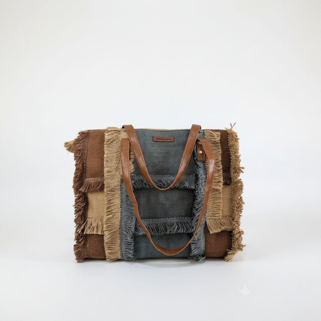 Boho Fringe Jute Tote Bag – Handwoven Natural Jute Shoulder Bag with Leather Handles | Eco-Friendly Beach & Everyday Tote