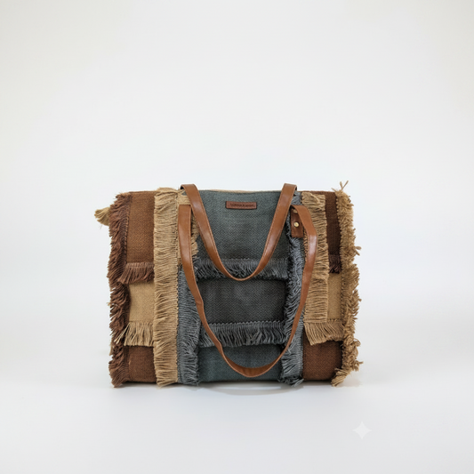 Boho Fringe Jute Tote Bag – Handwoven Natural Jute Shoulder Bag with Leather Handles | Eco-Friendly Beach & Everyday Tote