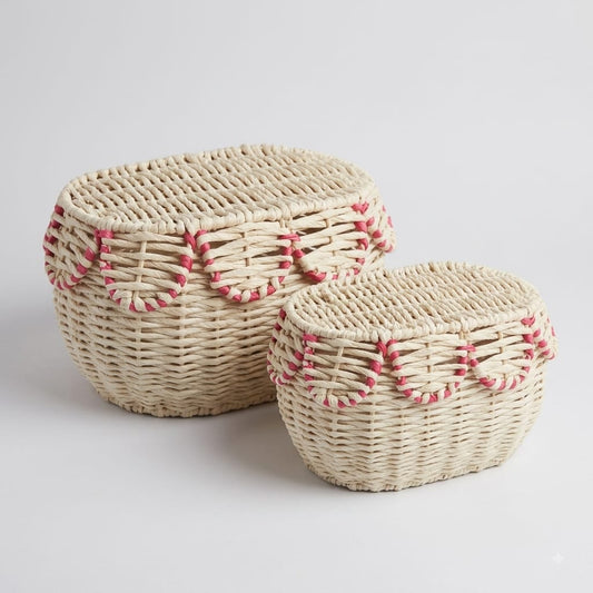 Woven Wicker Storage Baskets with Lid – Set of 2 Scalloped Trim Baskets