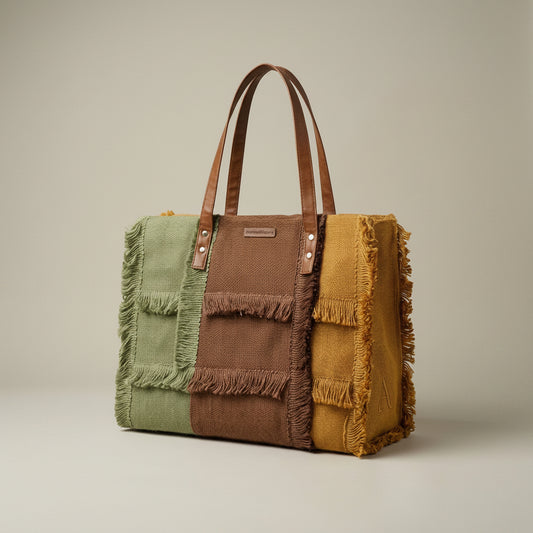 Sage Green & Mustard Jute Colorblock Tote Bag – Handwoven Fringe Bag with Leather Handles | Boho Statement Tote