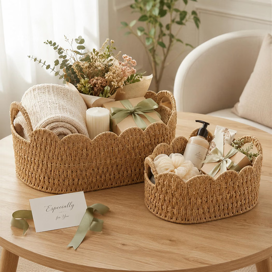 Scalloped Wicker Storage Baskets – Set of 2 Woven Storage Baskets with Handles