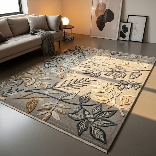 Botanical Harmony HandTufted Woollen Rug | Earthy Grey with Leaf Motifs