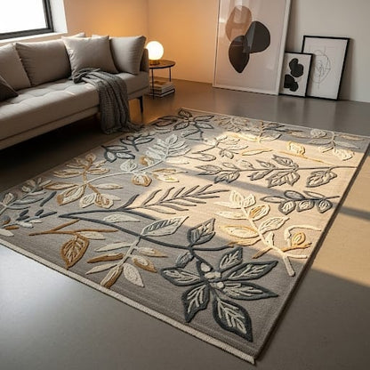 Botanical Harmony HandTufted Woollen Rug | Earthy Grey with Leaf Motifs